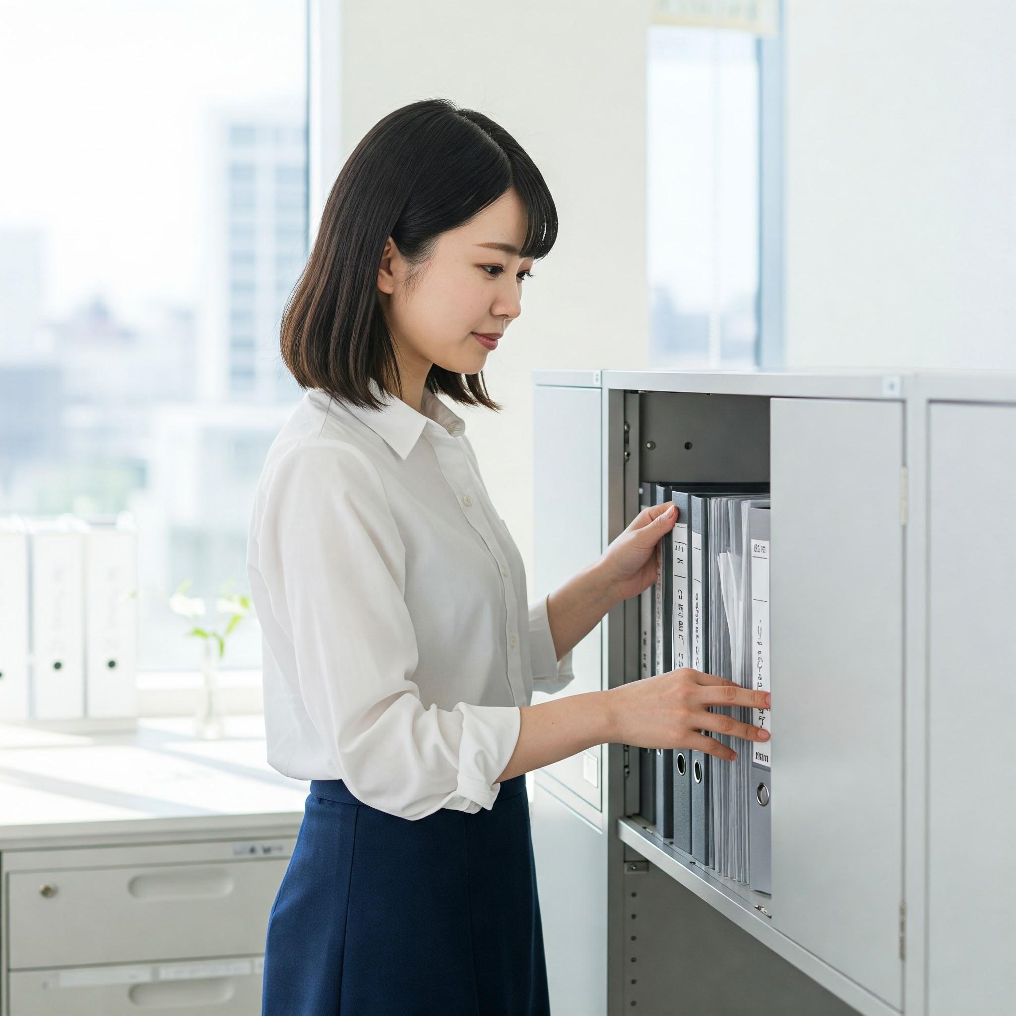 オフィスキャビネット活用術と整理のコツを実践する女性